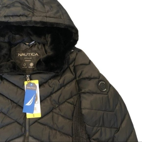 NWT NAUTICA | PUFFER JACKET with Faux Fur Hood - Black - Picture 4 of 5